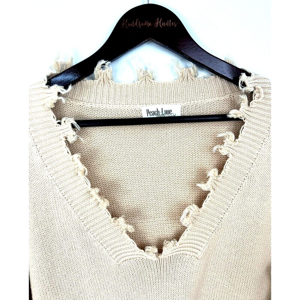 Peach Love California Women Sz L Ivory Cream Sweater Fringe Comfort Boho Chic H2 - Picture 10 of 12